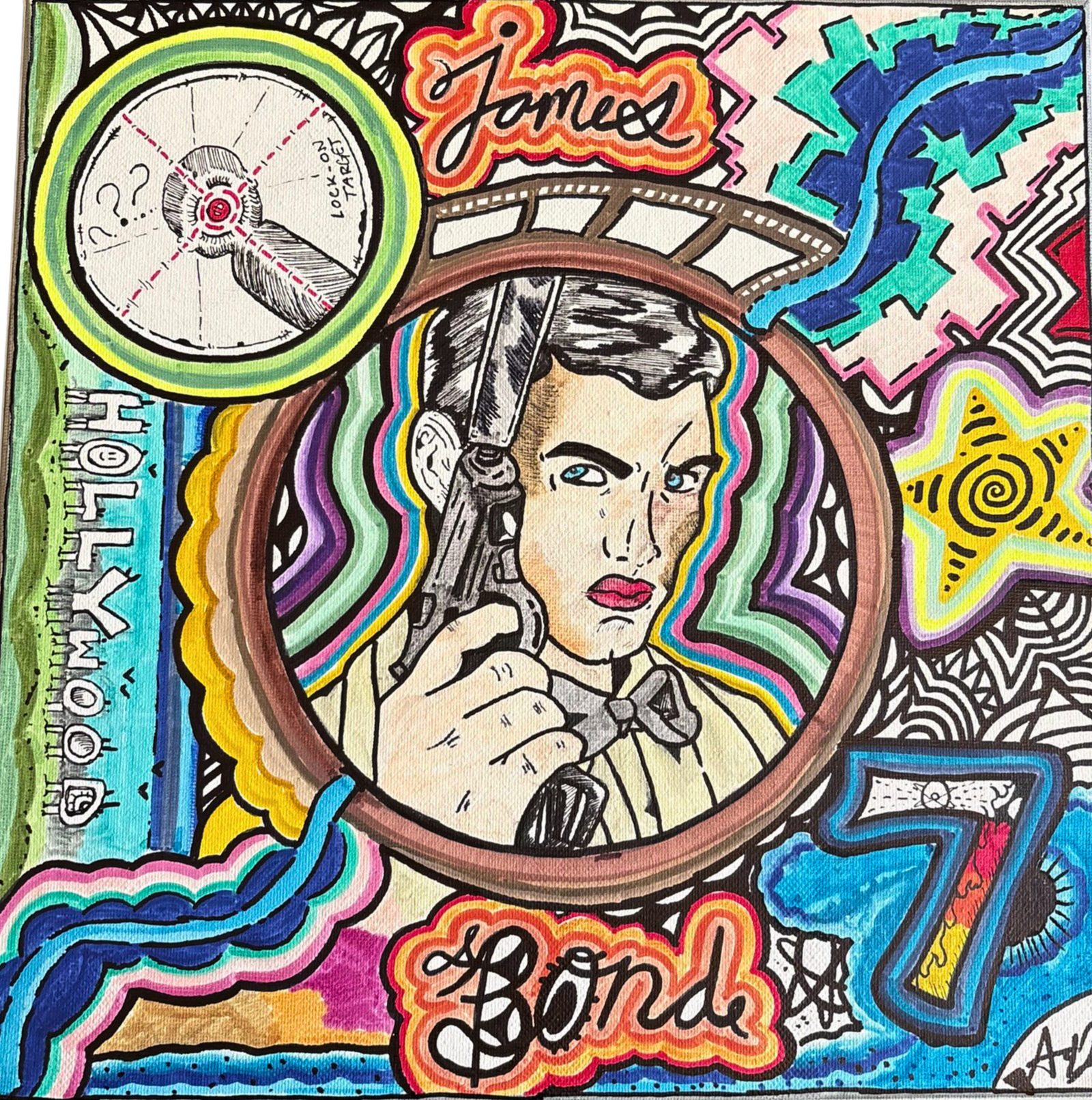 A dense, brightly colored mixed-media painting of James Bond raising a revolver inside a circular film-reel frame, surrounded by hand-lettered James and Bond, a gun barrel target, the Hollywood sign, a star, and the numeral 7.